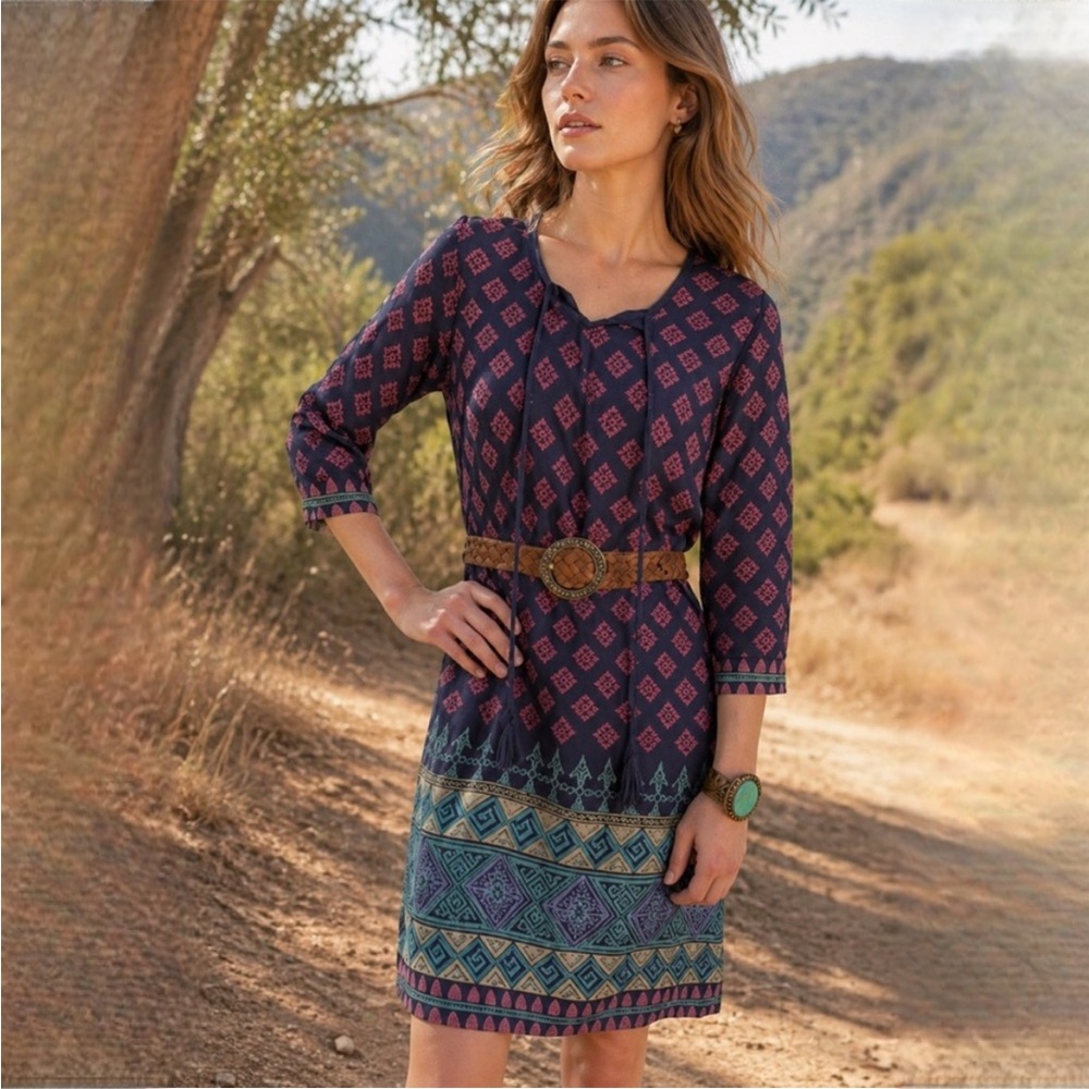 Melange Viscose Navy Pink Aztec Boho Festival Ethnic  Shift Midi Dress Med